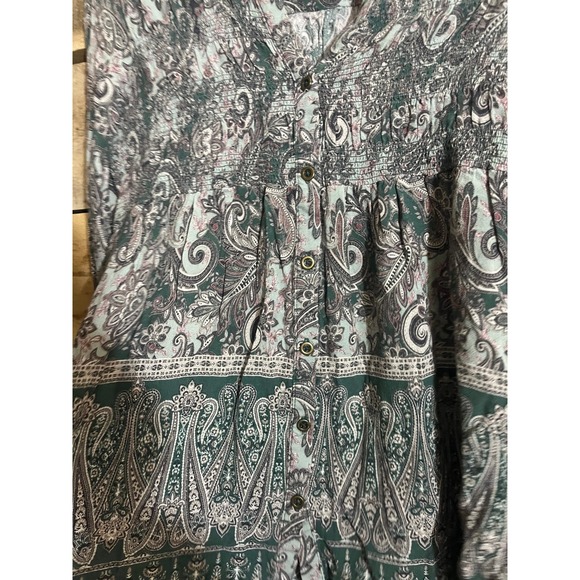 Knox Rose Womens Green Paisley Smocked Empire Waist Button Front Blouse Size M - Picture 5 of 5
